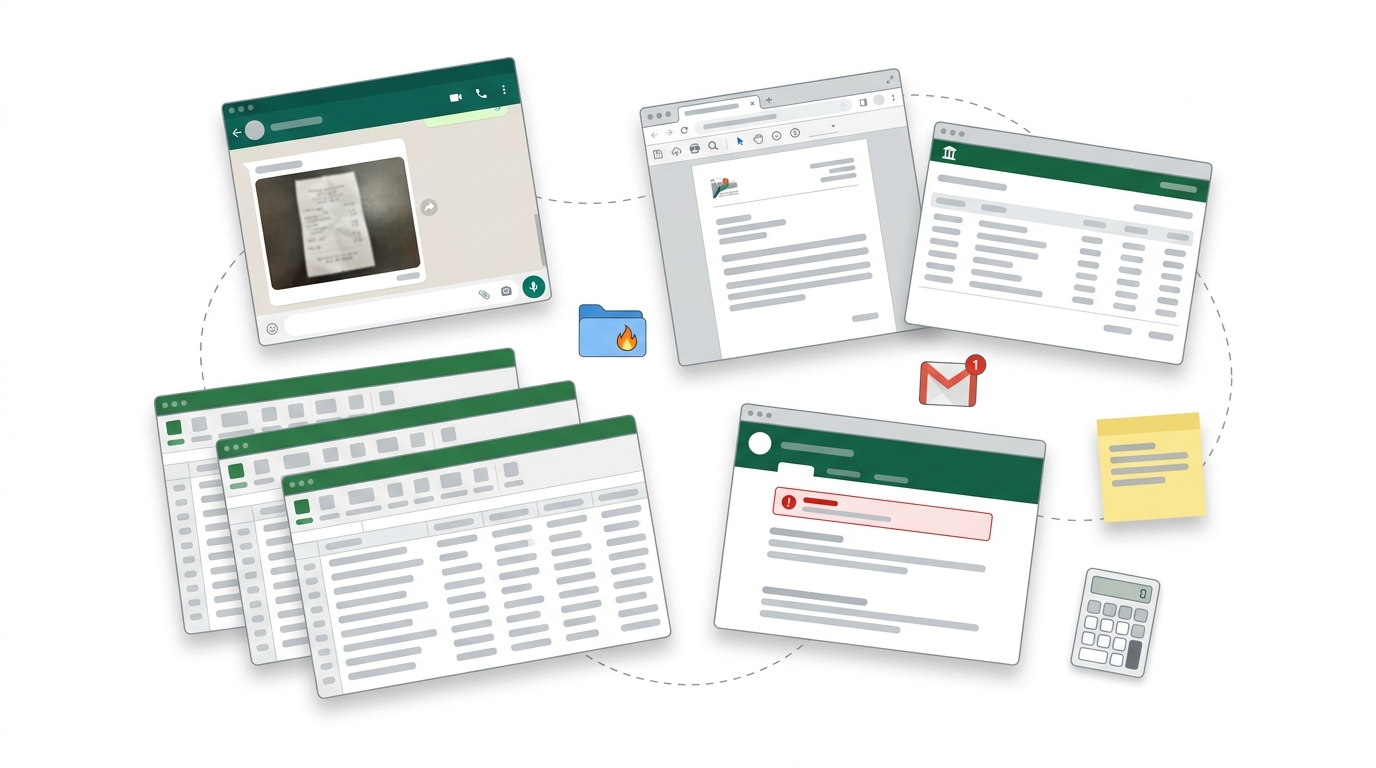 Five disconnected tools: spreadsheets, PDF invoices, email, bank statements and VAT forms tangled together